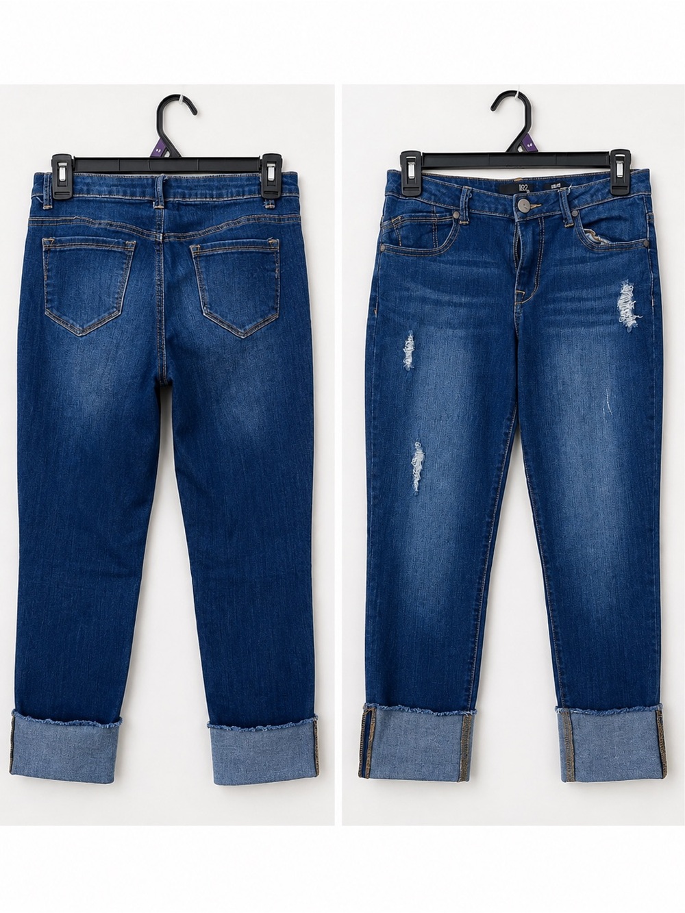1822 Denim Cropped Distressed Roll-Up Jeans - Blue